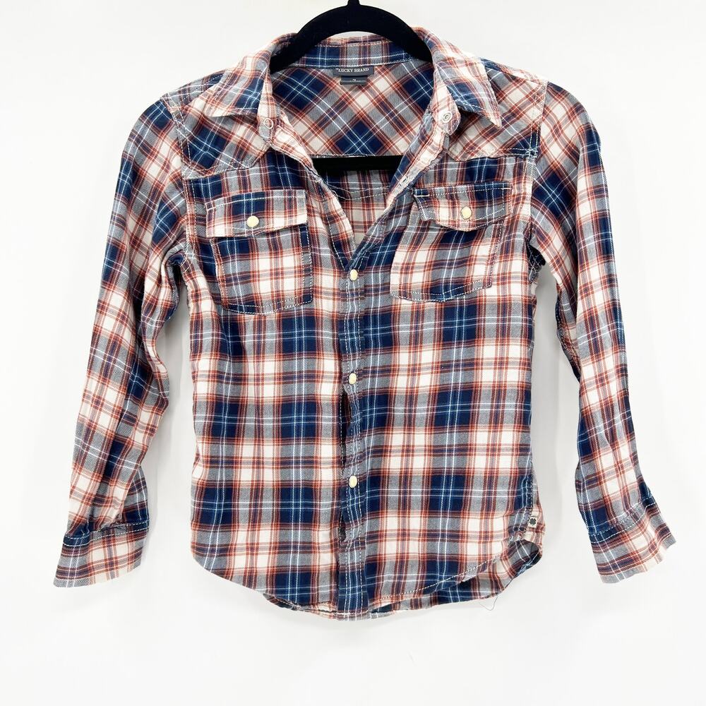 Lucky‎ Brand Kids Boys Orange Blue Flannel Plaid Button Down Shirt Size 7